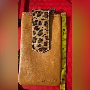 SORUKA Leather Crossbody Phone bag in Tan/Gray and Leopard.